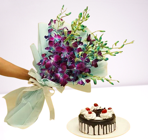 Purple Orchids Bouquet and black forest cake