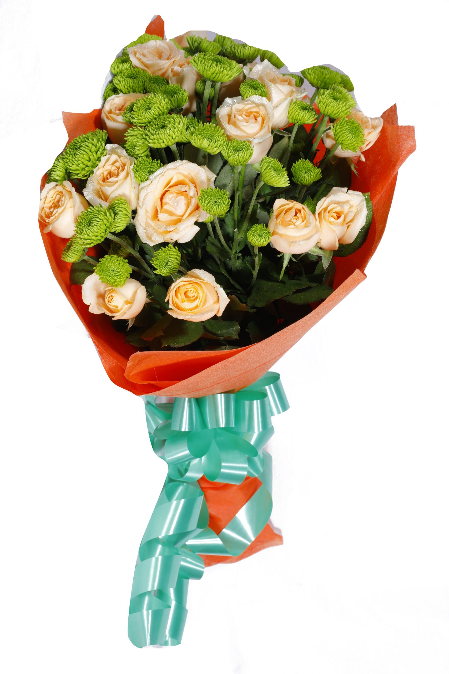 Peach Rose and Green Mum Bouquet