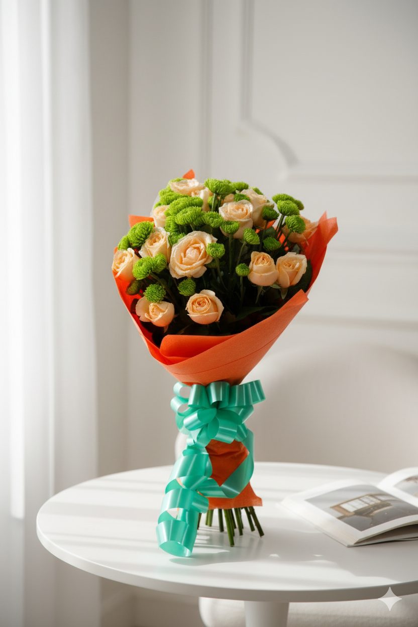 Peach Rose and Green Mum Bouquet