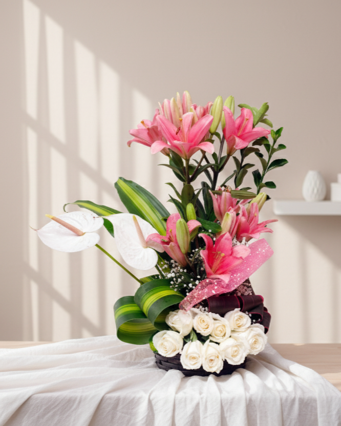 Pink and White Elegance flower basket