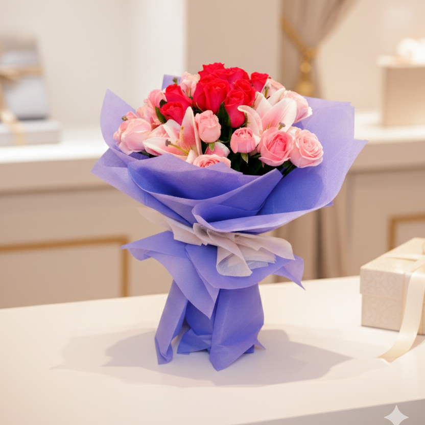 Pink Rose and Lily Bouquet