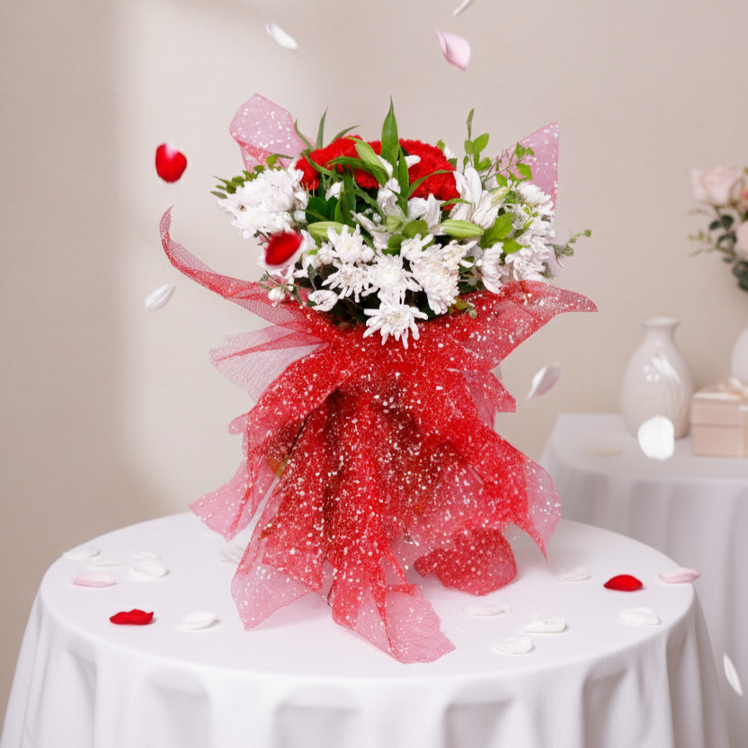 Red Carnation and Lily Bouquet