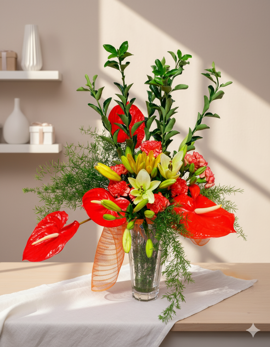 Anthurium & Lily glass arrangement