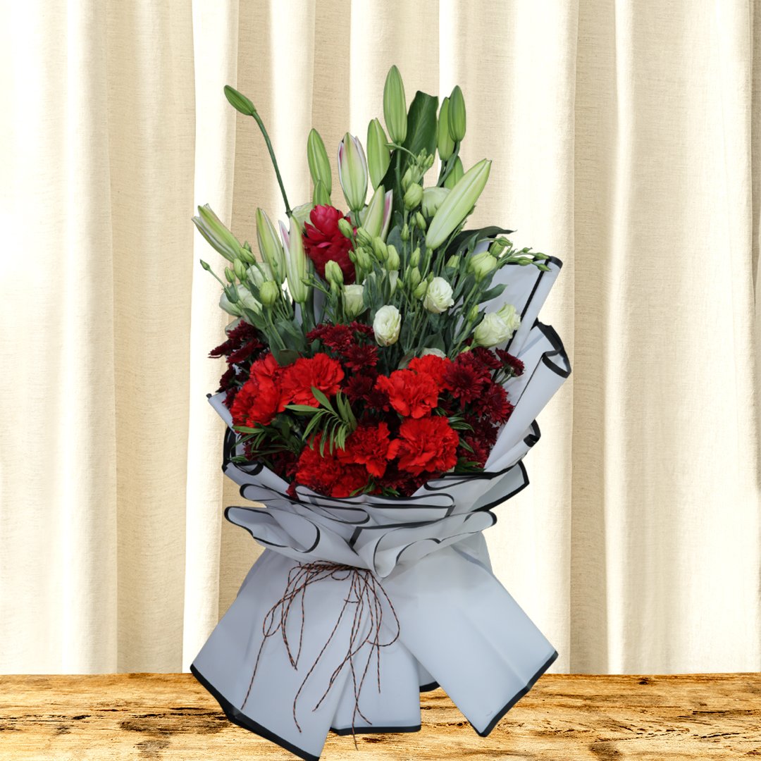 White Lily, Orange Carnation & Red Chrysanthemum Bouquet