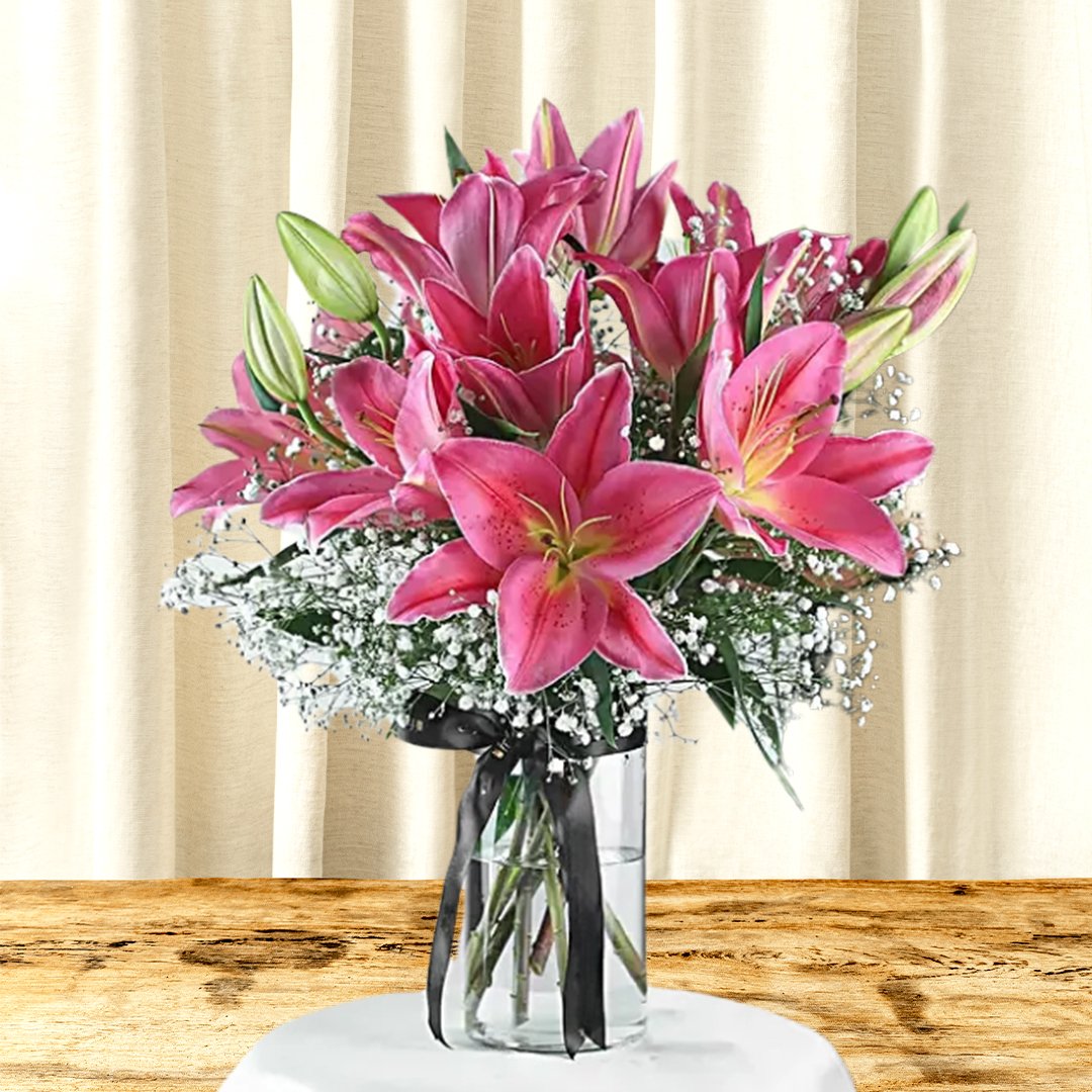5 Pink Oriental Lilies in Glass Vase