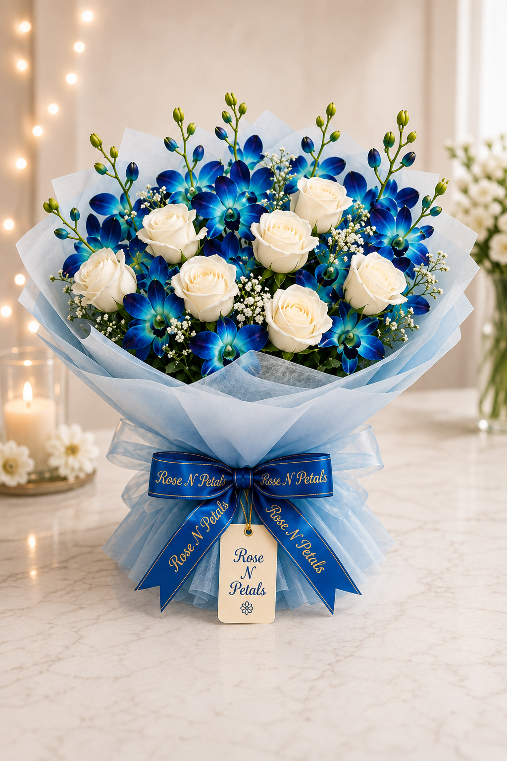 Blue Orchid & White Rose